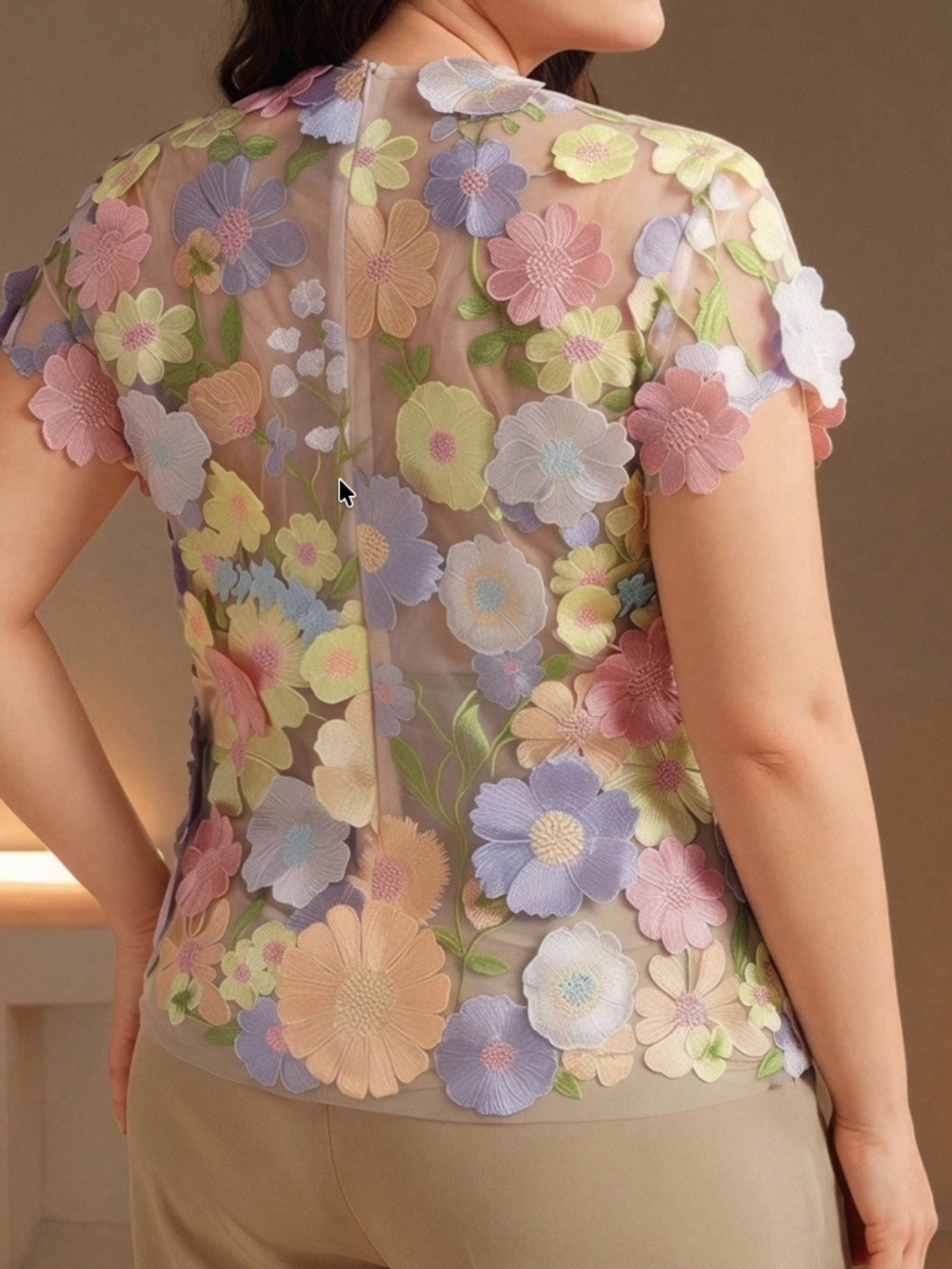 Classic Floral Applique Semi Sheer Short Sleeve Blouse - Picture 4 of 5